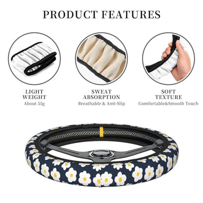 Cartoon Daisy Flower Elastic Steering Wheel Cover Non-Slip Breathable Steering Wheel Protector Fit Auto, SUVs, Truck - color: Cartoon Daisy Flower