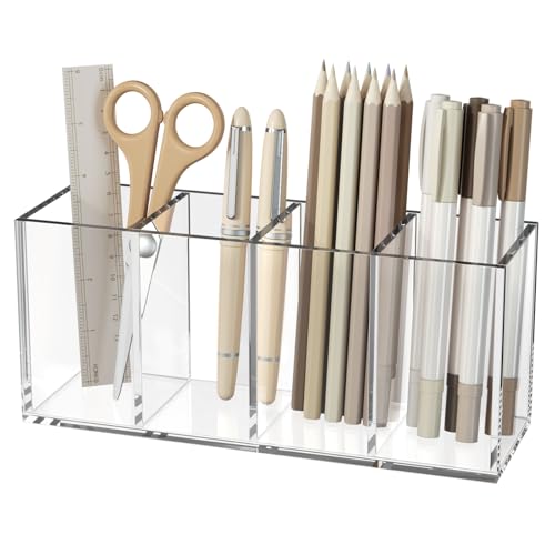 NIUBEE Acrylic Pen Holder 4 Compartments, Clear Pencil Organizer Cup for Countertop Desk Accessory Storage - color: Clear, size: 4 Cube