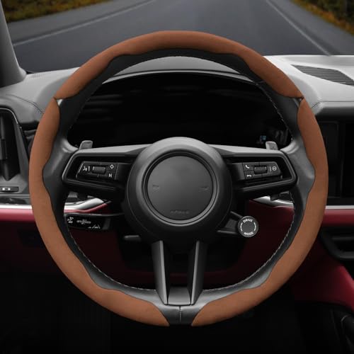 Suede Thin Car Steering Wheel Cover, 3 Piece, Fits 14-16 inch Round Steering Wheels, Brown - color: Brown, size: 3pcs: Fits Round Steering Wheels