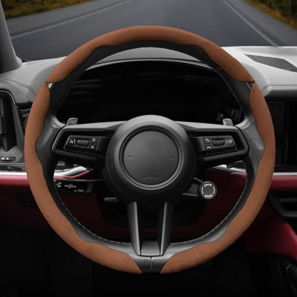 Suede Thin Car Steering Wheel Cover, 3 Piece, Fits 14-16 inch Round Steering Wheels, Brown - color: Brown, size: 3pcs: Fits Round Steering Wheels