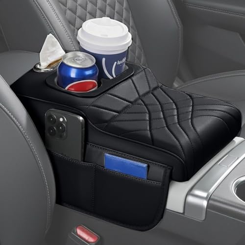 Upgraded Car Center Console Cover,PU Leather Car Armrest Cover Cushion Contains High Elasticity Sponge with 2 Storage Bags Tissue Box (Black-A) - color: BLACK-A