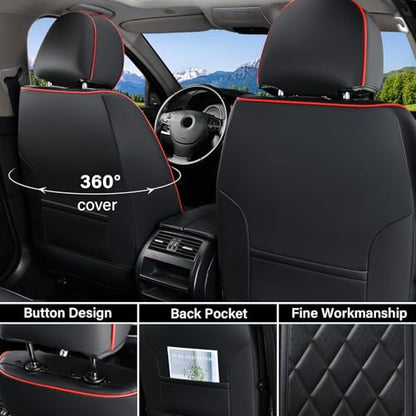 Coverado Car Seat Covers Full Set, Luxury Faux Leather Waterproof Seat Covers, Black Car Seat Covers, Universal Car Seat Protector Leather Car Seat Cushion, Carseat Cover Fit Most Cars, Black&Red - color: A-Black&Red, size: Full Set