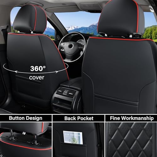 Coverado Car Seat Covers Full Set, Luxury Faux Leather Waterproof Seat Covers, Black Car Seat Covers, Universal Car Seat Protector Leather Car Seat Cushion, Carseat Cover Fit Most Cars, Black&Red - color: A-Black&Red, size: Full Set