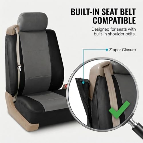 FH Group PU309102 All-Purpose Built-in Seat Belt PU Leather Seat Covers (Gray) Front Set – Universal Fit for Cars Trucks & SUVs - color: Gray/Black - Low Back (Faux Leather), size: Front Set