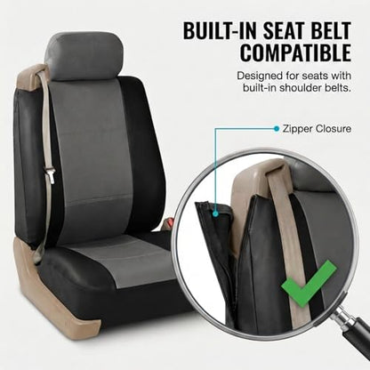 FH Group PU309102 All-Purpose Built-in Seat Belt PU Leather Seat Covers (Gray) Front Set – Universal Fit for Cars Trucks & SUVs - color: Gray/Black - Low Back (Faux Leather), size: Front Set
