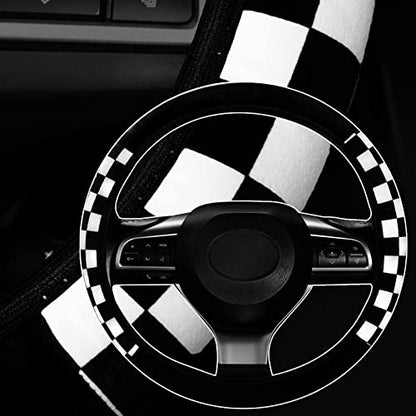 Fluffy Car Steering Wheel Covers Universal Checkered Plaid Wheel Protector Soft Plush Winter Keep Warm Steering Wheel Cover Fit for Truck, SUV, Cars