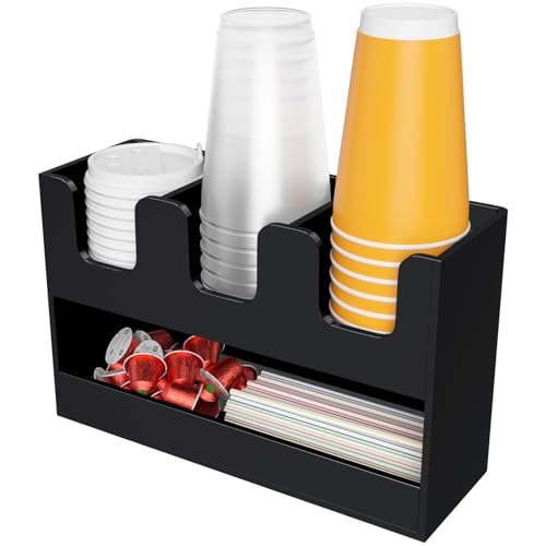 Beego 4-Compartment Cup Holder for Countertop - 2-Tier Black Acrylic Cup Dispenser Coffee Station Paper Cup and Lid Organizer Condiment Storage for Restaurant Breakroom Kitchen Bar Accessories - color: Black, size: 4 Compartments