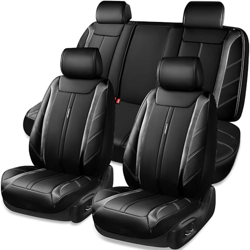 CAR PASS Luxury Faux Leather Seat Covers Full Set, Breathable Sporty Premium Leather Seat Covers, Waterproof Anti Slip Auto Seat Covers Universal Fit for 95% Sedan SUV Van Truck, Black Carbon Fiber - color: Black and Carbon Fiber, size: Front and Rear
