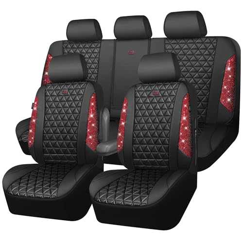 CAR PASS Bling Diamond Black Red Leather Car Seat Covers Full Set, Waterproof Shining Glitter Sparkly Crystal Universal Armrest Fit Automotive Truck SUV Women Girl, Rhinestone Interior Cover Set, Red - color: Red Rhinestone, size: Full Set