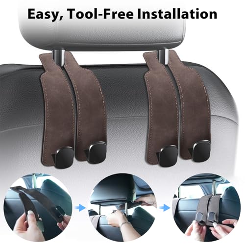 Headrest Hooks for Car, Purse Hook for Car, Premium Leather Twin Hook Car Seat Hooks, Double Hook Seat Back Storage Organizer for Purses, Bags, SUV, Truck, Vehicle, 2 Pack, Brown - color: Brown