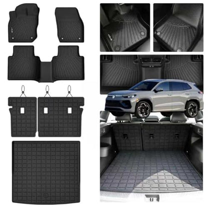 Floor Mats for 2025 2026 Volkswagen Tiguan & Cargo Liners & Backrest Mat,TPE All Weather Protection 1st & 2nd Row Floor Liners with Trunk Mat Covering The Backrest Accessories - size: Floor + Cargo + Backrest