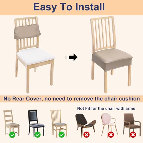 Smiry Waterproof Pu Leather Seat Covers for Dining Room Chairs Set of 4, Stretch Fit Removable Washable Kitchen Chair Seat Slipcovers Protector, No Rear Covers, Taupe