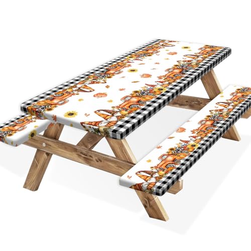 Fall Picnic Table Cover with Bench Covers, Camping Essentials, Buffalo Plaid Thanksgiving Pumpkin Waterproof Windproof, Fitted Tablecloth Cover with Elastic Edge, Indoor & Outdoor, 3 PCS, 30x60 Inch - color: Fall Plaid Black, size: 30" x 60"