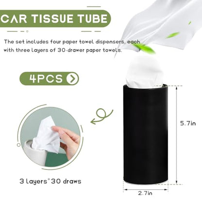 4 PCS Car Tissue Holder, Quick Convenient Refill Cylinder Facial Tissue Holder, Travel Tissues Box Round Container Suitable for Car Cup Holder, Universal Car Accessories (Black)
