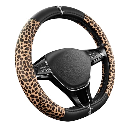 Road Comforts Leopard Steering Wheel Cover for Women, Cute Anti-Slip Microfiber Leather, Fits D Shape Flat Bottom Steering Wheel 14.5-15 Inch - Black - color: D Shape-Black