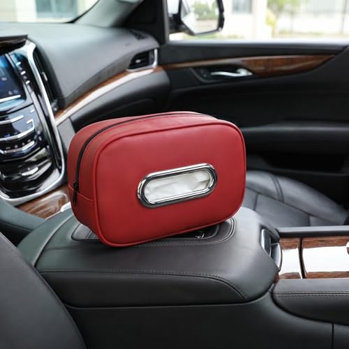 Compact Car Tissue Holder – Premium PU Leather Tissue Box, Fits 100 Sheets, Black Car Storage Organizer for Seat/Headrest/Center Console/Visor (Red) - color: Red