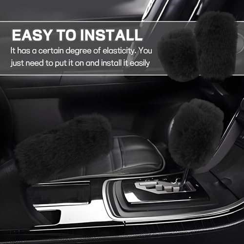 Hovom 2PCS Fluffy Car Gear Shift Knob Cover & Handbrake Cover, Soft Plush Hand Brake Handle & Gear Shift Cover for Women Girls, Universal Comfortable Warm Furry Car Accessories (Black)