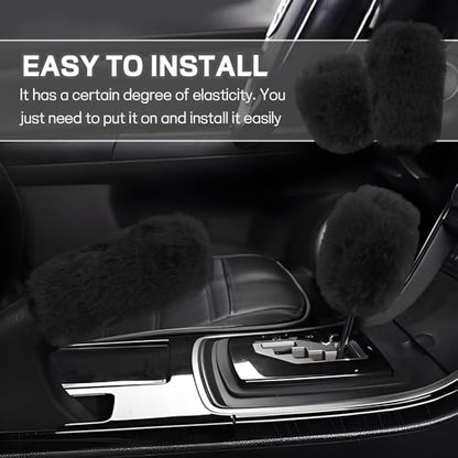 Hovom 2PCS Fluffy Car Gear Shift Knob Cover & Handbrake Cover, Soft Plush Hand Brake Handle & Gear Shift Cover for Women Girls, Universal Comfortable Warm Furry Car Accessories (Black) - color: Black