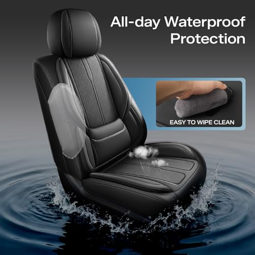 Seat Covers Custom Fit for Chevy Silverado GMC Sierra 2007-2026 1500/2500/3500 HD Crew Cab Pickup Truck Seat Cover Protector Cushion with Faux Leather Waterproof (Front Seat-Black)
