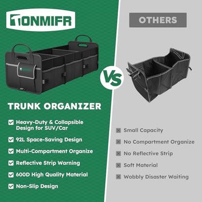 Heavy-Duty Trunk Organizer & Multi-Compartment Storage Box for SUV/Sedan/Minivan,600D Waterproof Oxford,2 Securing Hooks & Reflective Strips-Large Capacity Organiser(92L) - size: 92l (Organizer Only)