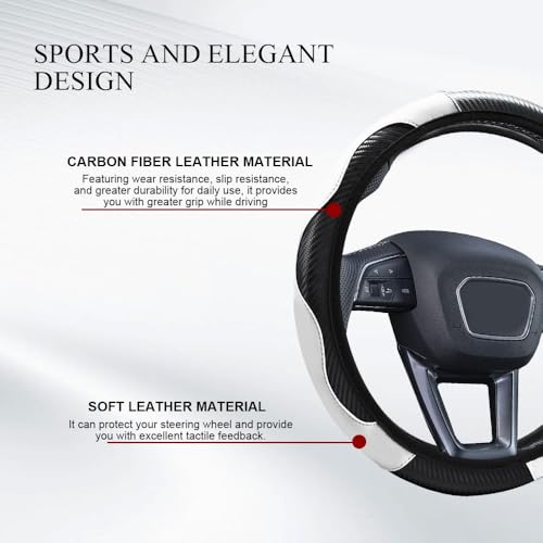 Car Steering Wheel Cover, Non-Slip Car Wheel Cover Protector, 15 inch Carbon Fiber Microfiber PU Leather Elastic Steering Wheel Protector for Men Women, Universal Auto Accessories (White)
