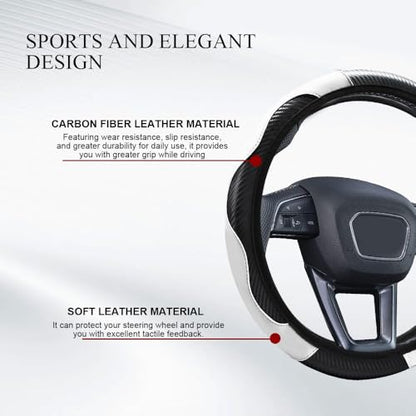 Car Steering Wheel Cover, Non-Slip Car Wheel Cover Protector, 15 inch Carbon Fiber Microfiber PU Leather Elastic Steering Wheel Protector for Men Women, Universal Auto Accessories (White)