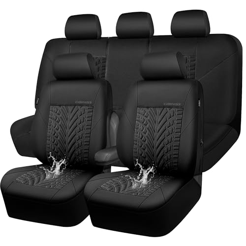 CAR PASS Neoprene Waterproof Seat Covers Full Sets, Wetsuit Car Seat Covers 5 Seats Universal Fit for Vans, Truck, SUV, 3D Tyre Embossed Seat Covers Anti Slip with Armrests, Aibag Compatible(Black) - color: Black Solid, size: Full sets