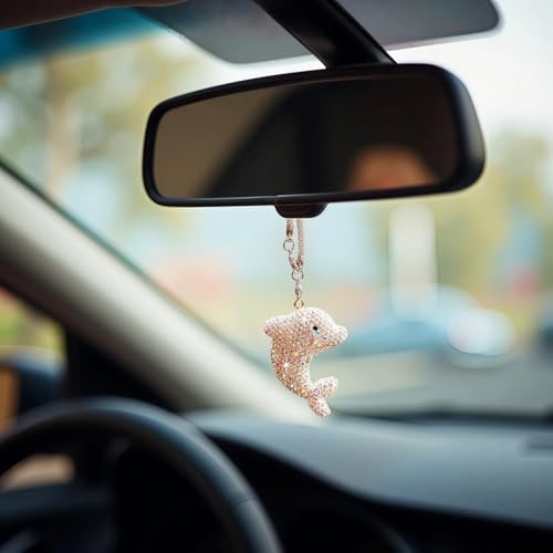 Bling Dolphin Car Hanging Ornament, Cute Crystal Rear View Mirror Pendant, Diamond Rearview Mirror Charms, Lucky Car Interior Decor Accessories (White)
