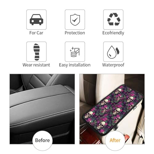 Universal Car Center Console Cushion Pad, Purple Flower Skull Soft Waterproof Car Center Console Cover Auto Armrest Seat Box Cover Protector for Most Vehicle SUV Truck Car - color: Purple Flower Skull