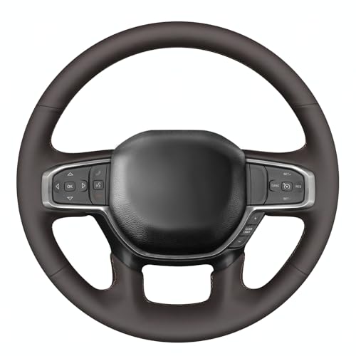 MEWANT Hand Stitch Steering Wheel Cover for Dodge RAM 1500 2500 3500 2019-2025 DIY Custom Fit Coffee Leather Steering Wheel Wrap Protector Non-Slip Breathable - color: Coffee Microfiber Leather&Coffee Stitching
