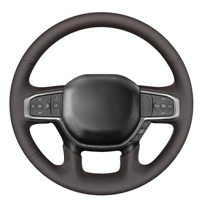 MEWANT Hand Stitch Steering Wheel Cover for Dodge RAM 1500 2500 3500 2019-2025 DIY Custom Fit Coffee Leather Steering Wheel Wrap Protector Non-Slip Breathable - color: Coffee Microfiber Leather&Coffee Stitching