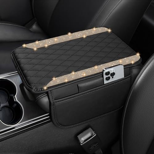 NBTEPEM Bling Car Center Console Armrest Cover, Microfiber Leather and Diamond Middle Console Cover with 2 Storage Bags, Bling Accessories Interior for Most Vehicles (Champagne Diamond) - color: Champagne Diamond