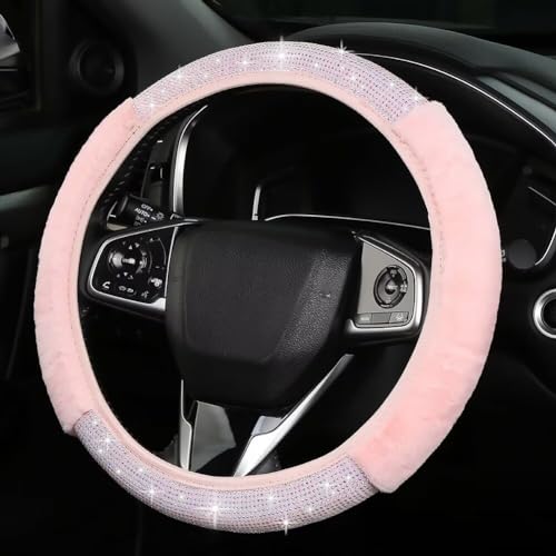 Bling Fluffy Steering Wheel Cover for Women Girls, Rhinestone Diamond Sparkling Fur Steering Wheel Protector Elastic Steering Wheel Covers Winter Warm Universal Fit 14-15 inches - Pink - color: Pink