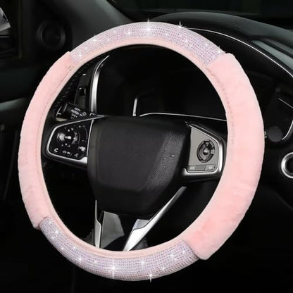 Bling Fluffy Steering Wheel Cover for Women Girls, Rhinestone Diamond Sparkling Fur Steering Wheel Protector Elastic Steering Wheel Covers Winter Warm Universal Fit 14-15 inches - Pink - color: Pink