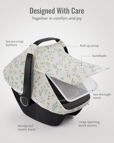 Blissful Diary Baby Car Seat Cover, Extra Large Mesh Window, Breathable Muslin Cotton, Infant Windproof Canopy, Must-Have Baby Gift - Botanical Leaf - color: Botanical Leaf