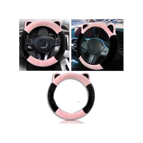 Car Steering Wheel Cover, Cute Steering Wheel Protector with Kitty Cat Ears,Fluffy Soft Plush for Winter Warm, Universal Fit 15 inches for Car,SUV, Elastic & Anti-Slip (Black/Pink) - color: Black/Pink