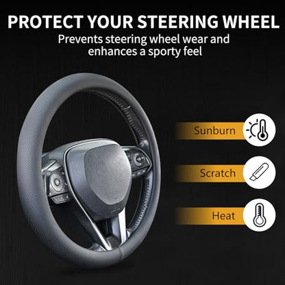 Uxcer Nappa Leather Steering Wheel Cover, Universal 14.5–15 Inch Non-Slip Breathable Steering Wheel Cover for Cars, Black - color: Black