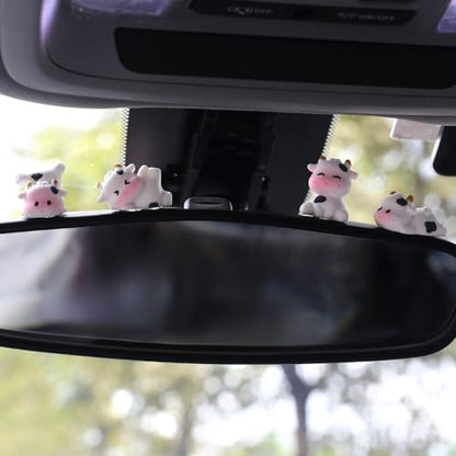 6 Pcs Mini Cows Car Accessories, Cow Print Dashboard Decorations & Rear View Mirror Ornaments, Cute Car Decor for Women