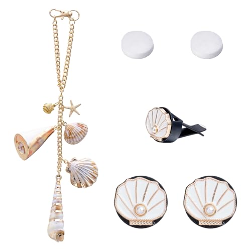 3pcs Sea Shells Car Decor Set Handmade Coastal Rear View Mirror Hanging Accessory and Air Vent Clips Set Cute Beach Themed Car Interior Decorations Ocean Themed Cute Car Charms for Women