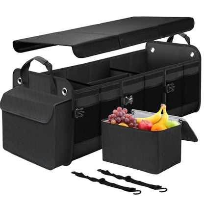 Large Trunk Organizer for Car, SUV, Truck with Removable Cooler Bag-Collapsible Multi Compartments w/Foldable Cover, Non Slip Bottom Cargo Storage (Black) - size: Five Compartment