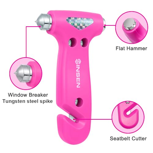 SINSEN Car Safety Hammer, Automotive Window Breaker and Seatbelt Cutter for Women, Roadside Emergency Kit, 3 in 1 Escape Tools, Road Trip Essential and Must Haves (1, Pink) - color: Pink, size: 1