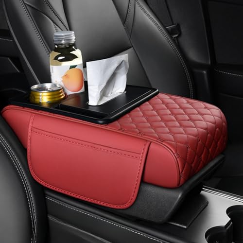 Center Console Cover Organizer, 5-In-1 Arm Rest Cover for Car with Cup Holder & Storage Pocket & Tissue Holder, Armrest Cover Cushion Pad, Grid, Red - color: Red, size: Grid