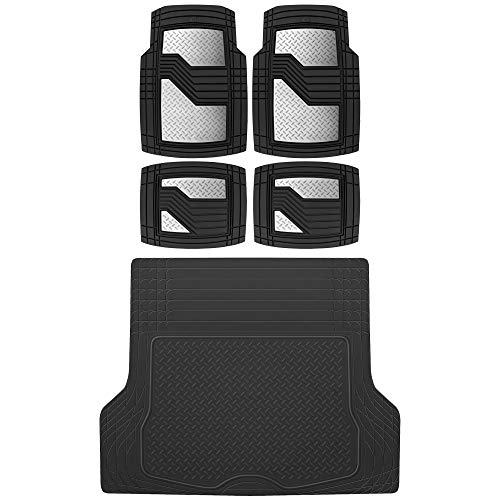BDK CAT® Heavy Duty All Weather Tough Rubber Car Floor Mats, Metallic Design Floor Mats, Universal Fit Trim-to-Fit 4-Piece Front & Rear Set with Trunk Cargo Mat Liner for Cars Trucks Sedans SUVs Vans - color: Black/Silver, size: X-Large