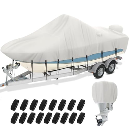 Center Console Boat Cover 20-22ft, 1200D Waterproof Boat Cover with Motor Cover, Trailerable Boat Cover for Center Console Boat, Heavy Duty Marine Grade UV Resistant Polyester Fabric, Gray