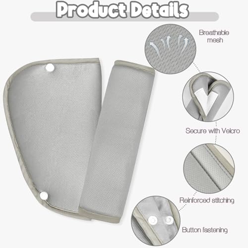 Kids Seat Belt Cover Pads, Universal Seat Belt Adjuster for Kids, HNHUAMING Kid's Shoulder & Belly Protective Padding for Travel, Soft Breathable Car Seat Straps Pads for Children, Gray - color: gray