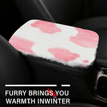 JINGSEN11 Pieces Fluffy Car Accessories Set,Fluffy Cow Print Plush Steering Wheel Covers for Women Soft Fleece Handbrake Cover Shift Cover Car Trim Warm Non-Slip(Pink)