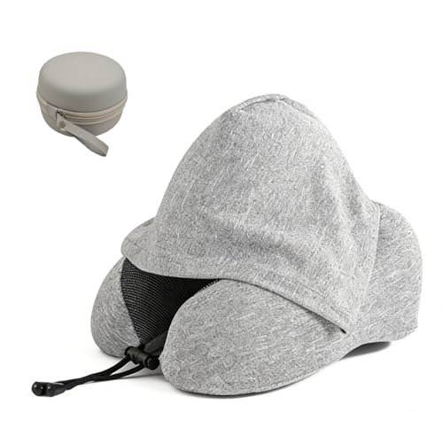 Portable Travel Neck Pillow with Hood and Storage Case, Memory Foam Airplane Pillow for Long Flights, Adjustable Chin Support & Removable Washable Cover for Car, Office, Train, Gift for Men and Women