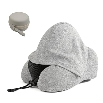 Portable Travel Neck Pillow with Hood and Storage Case, Memory Foam Airplane Pillow for Long Flights, Adjustable Chin Support & Removable Washable Cover for Car, Office, Train, Gift for Men and Women