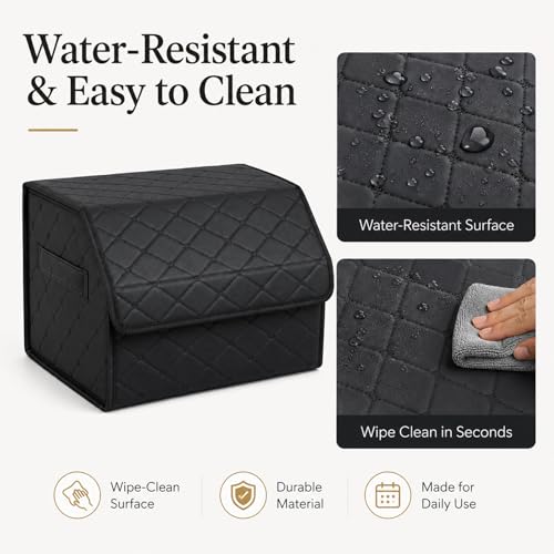 2Pack Leather Trunk Organizer for SUV & Sedans - Extra Large Foldable Car Storage Box with Lid, Adjustable Removable Dividers and Carry Handle, Collapsible Auto Cargo Organizer Black