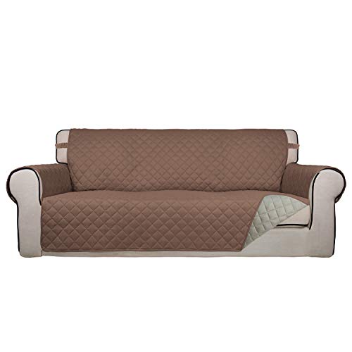PureFit Reversible Quilted Sofa Cover, Water Resistant Slipcover Furniture Protector, Washable Couch Cover with Non Slip Foam and Elastic Straps for Kids, Pets (X Large, Brown/Beige) - color: Brown/Beige, size: X-Large